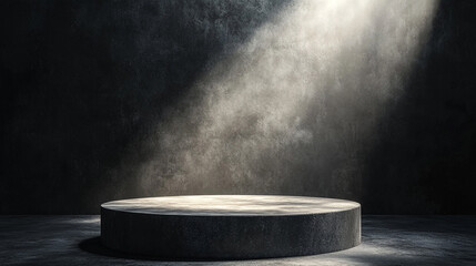 Poster - Circular stage illuminated by a single beam of light in a darkened space. 