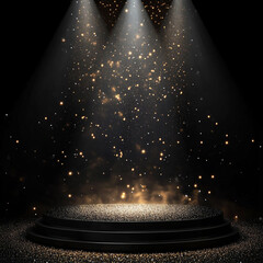 Poster - Bright spotlight on a stage with shimmering particles in a dark environment. 