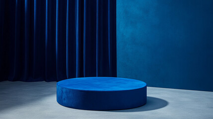 Poster - Studio space with round blue platform and curtain in bold blue tones. 