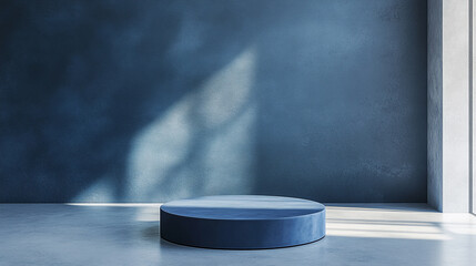 Poster - Minimalist blue circular platform in a contemporary light-filled room. 