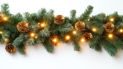 Wall Mural - Festive Christmas garland with golden pine cones, warm twinkling lights on white background. Decorated with evergreen branches, festive lighting. Christmas tree branches create festive, cozy border.