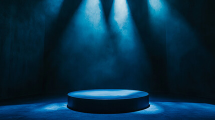 Wall Mural - Spotlight on a circular stage in a dimly lit environment with blue lighting. 