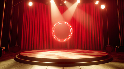 Poster - Bright stage with red curtains and spotlight creating a dramatic atmosphere. 