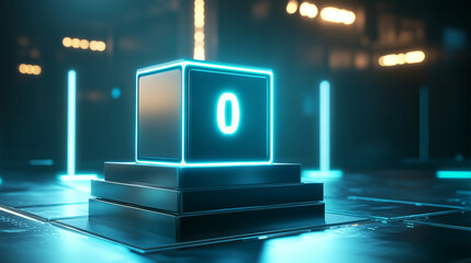 Poster - Centerpiece with glowing cube displaying zero in futuristic setting. 