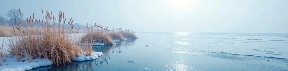 Wall Mural - sparse reeds in a cold and barren sea bed winter scene, solitude, frozen water