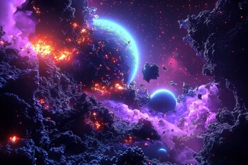 Wall Mural - A mesmerizing science fiction fantasy scene showcasing planets in vibrant purple and blue hues.