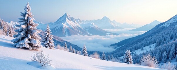 Wall Mural - Frosty mountain landscape with a few trees in the background, frosty, bare branches