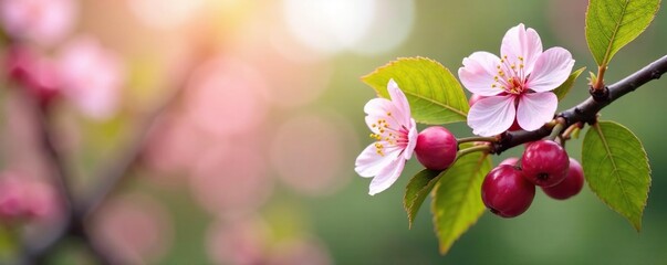 Wall Mural - Fruity branches with cherry blossoms and green leaves, blossoms, nature, tree foliage