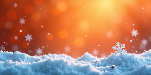 Wall Mural - Icy landscape with snowflakes falling on an orange background, frosty, snowflake, peaceful