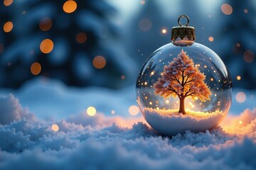 Canvas Print - Snowy landscape with a lone tree reflected in a Christmas ornament, serene, twinkling lights