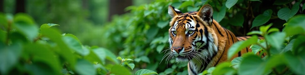 Wall Mural - Tiger hiding behind a thick fern waiting for its next meal, terrain, forest, fern