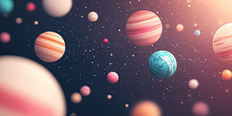 Wall Mural - a vibrant cosmic scene featuring various colorful planets floating in space, surrounded by stars and