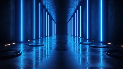 Poster - Dark futuristic hall bathed in vibrant blue neon light. Empty circular platforms for products displays on wet floor. Reflections of lights visible. Modern tech design, maybe for product showcase.