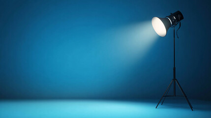 Poster - Spotlight shines on an empty stage with blue backdrop and shadow effects. 