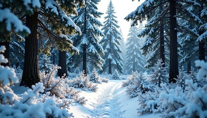 Wall Mural - Dense forest with snow covered pine trees and ferns, pine, cold climate