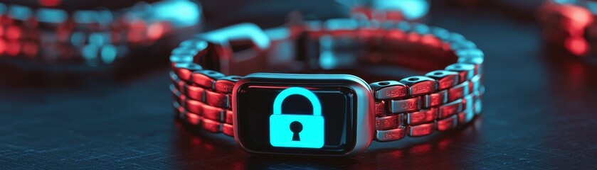 Poster - Health info medical privacy concept. Innovative smartwatch security features technology expo digital display futuristic setting close-up view