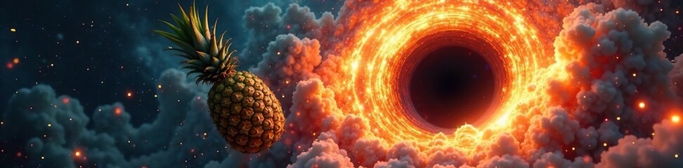 Wall Mural - A pineapple-shaped mass falls toward a supermassive black hole, destruction, pineapple sphere