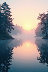 Wall Mural - Softly glowing mist rises from a serene lake at dawn, nature, soothing atmosphere, pastel white background