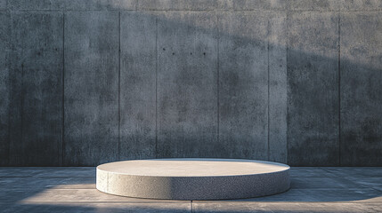 Poster - Modern circular podium in minimalist concrete setting with soft lighting. 