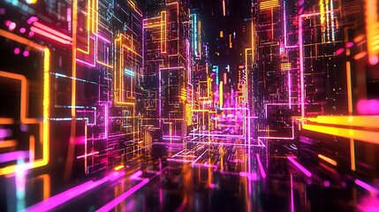 Aufkleber - Futuristic neon cityscape with glowing lines and vibrant colors.