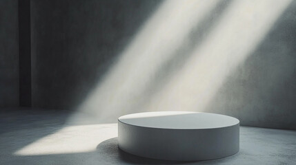 Poster - Soft light streams onto a round pedestal in a minimalistic indoor space. 
