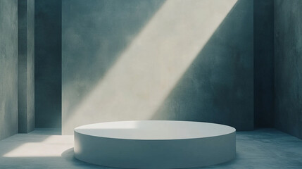 Poster - Minimalist interior with circular pedestal and dramatic light effect. 