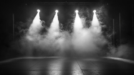 Poster - Spotlights illuminate an empty stage filled with smoke at night. 
