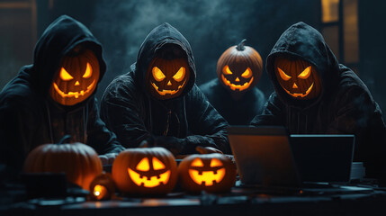 Poster - Halloween hackers in dark room working on laptops. People wear pumpkin masks. Sit in dark room. Spooky halloween costume. Cybercrime theme. Night. Digital crime. Scary costumes. Halloween party. Tech