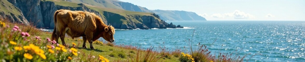 Wall Mural - Shaggy Highlander cow grazing near rugged coastline, landscape photography, wildflowers, coastal scenery