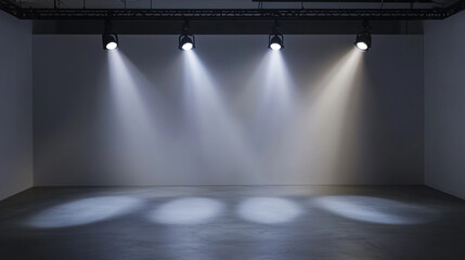 Poster - Spotlights illuminate an empty stage in a modern exhibition space. 