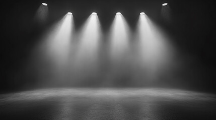 Poster - Bright spotlights illuminate a dark stage for an upcoming performance. 