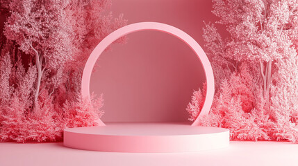 Poster - Abstract circular stage surrounded by pink foliage in a minimalist setting. 