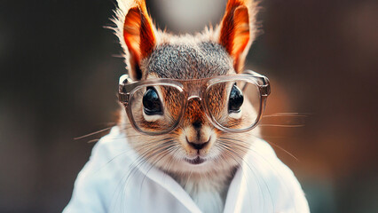 Wall Mural - A squirrel wearing glasses. Squirrel robe blurred background brown white coat glasses. A squirrel with brown coat lifestyle and glasses.