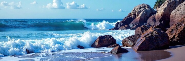 Wall Mural - Seaside rocks with deep blue and purple waves crashing, beach, blues