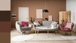 © Pixel-Shot - Cozy sofa, armchairs and table in interior of living room. Different color patterns