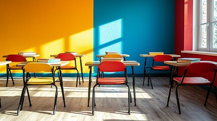 Poster - Colorful classroom with desks, chairs, and books, sunlight streaming through window.