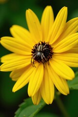 Wall Mural - A spider sits in the center of a large yellow Rudbeckia hirta with dark centers and delicate petals, nature, yellow, arachnid