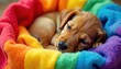 © Withun - Playful puppy curled up in a rainbow-colored blanket, playful puppy, soft, comfortable