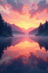 Wall Mural - Serene lake surface reflected with misty dawn, peaceful, stillness, dawn