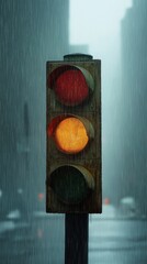 Rusty traffic light in heavy rain. Urban scene shows city landscape. Dark gloomy atmosphere. Empty street. Abandoned infrastructure. Red light signal. Wet street. Strong contrast between light,