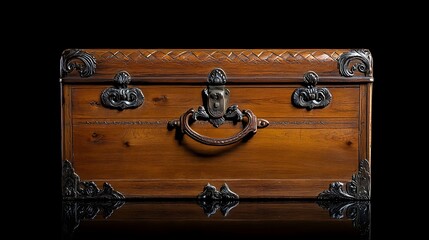 Wall Mural - Vintage wooden trunk with decorative leather handles, isolated on a pure black backdrop, highlighting detailed craftsmanship.