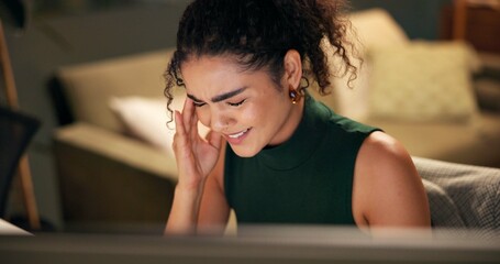 Poster - Business woman, computer and headache with frustrated, creative agency and burnout for night brainstorming. Girl, brand consultant and internet 404 with project issue, proposal and startup for office