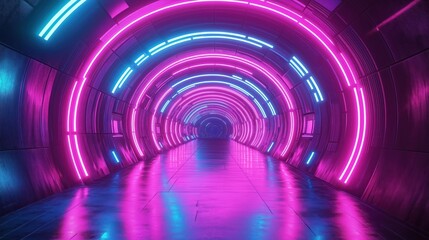 Poster - Futuristic tunnel glows with pink, blue neon lights. Circular neon light patterns create vibrant corridor. Dark background. Modern tech design. Abstract, three-dimensional render. Great for tech