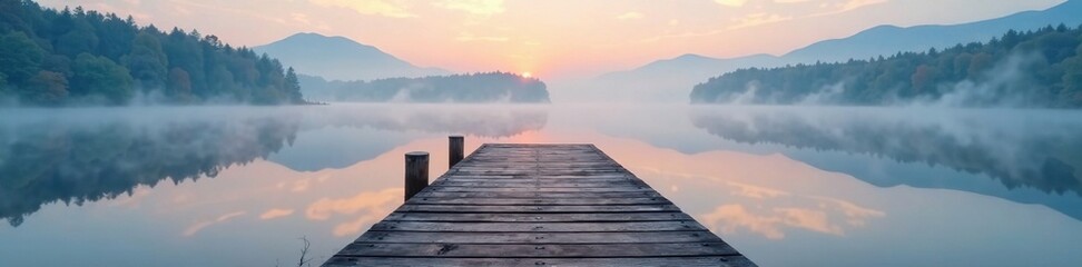 Wall Mural - Misty lake surface reflected in pier's wooden slats, landscape, calm