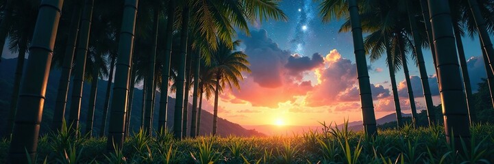 Wall Mural - The towering bamboo stalks seem to stretch up to the stars as the sun dips below the horizon, tall grass, starry night, bamboo forest