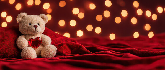 Valentine's Day teddy bear holding a heart concept. A teddy bear with a heart sits on a red blanket, surrounded by warm, glowing bokeh lights, creating a cozy atmosphere.