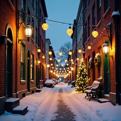 snowy alleyway aglow with festive lights and greenery, wreaths, alley, festive