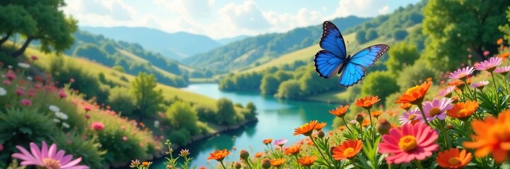 Wall Mural - Stunning aerial shot of a blue butterfly flying above a floral landscape with water features and rolling hills in the background, nature, panoramic