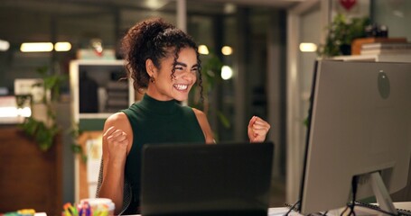 Poster - Business woman, laptop and celebration with success, creative agency and ideas for night brainstorming. Girl, brand consultant and multi screen computer with project, approval and startup for office
