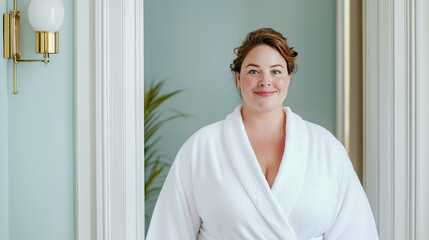 Wall Mural - Smiling woman in a white bathrobe standing in a bright, stylish room, embodying relaxation and self-care in a serene environment